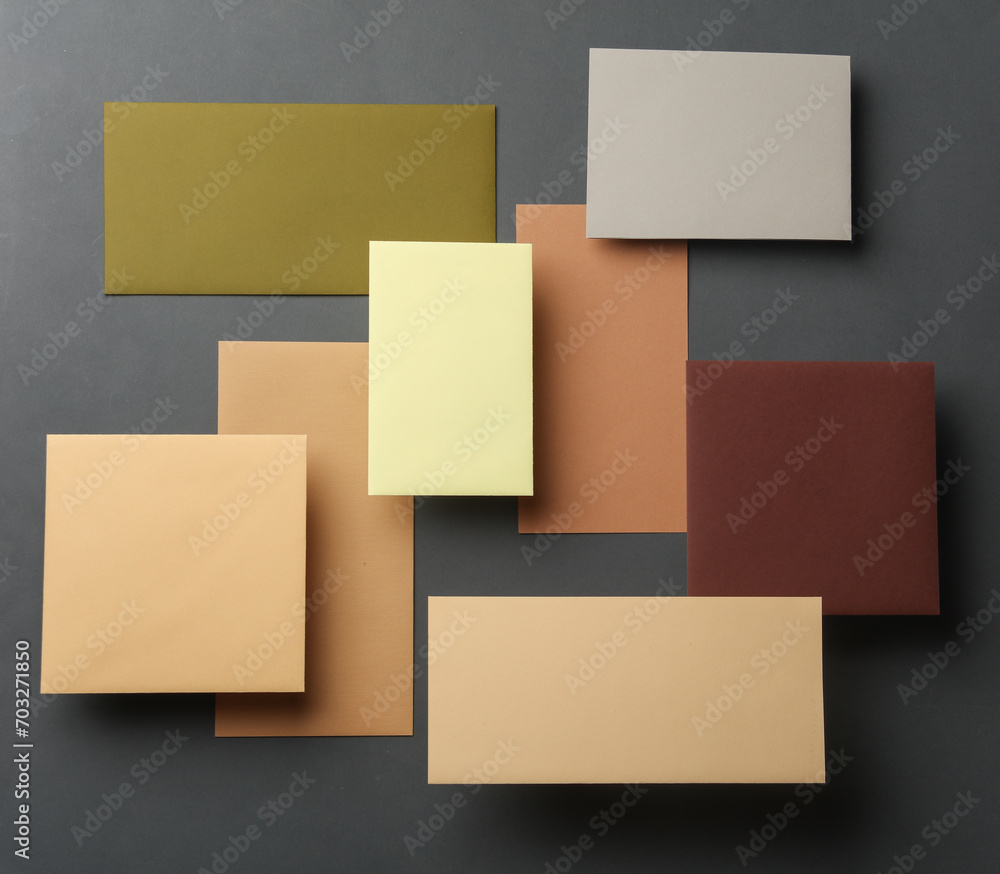 Fototapeta premium Group of floating colored blank cards sheet with shadow on dark gray background. Minimalism business brand template, creative layout