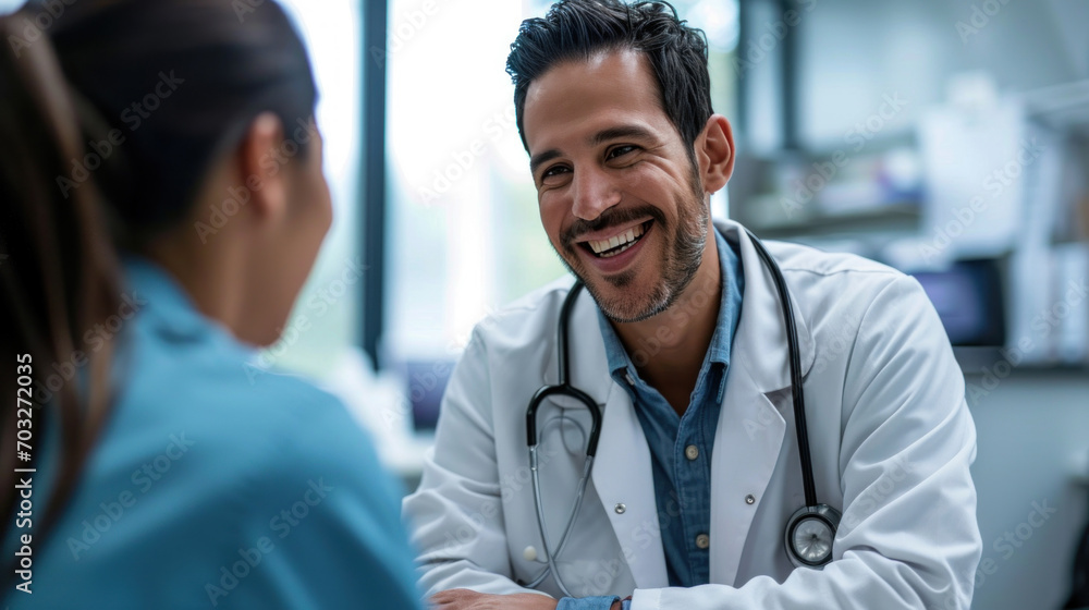 A smiling mid adult male doctor listens as a female patient discusses her health - obrazy, fototapety, plakaty 