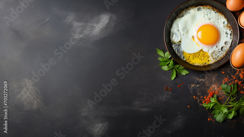 Fried egg. Close up view of the fried egg on a frying pan. Salted and spiced fried egg with parsley on cast iron pan and black background. photo