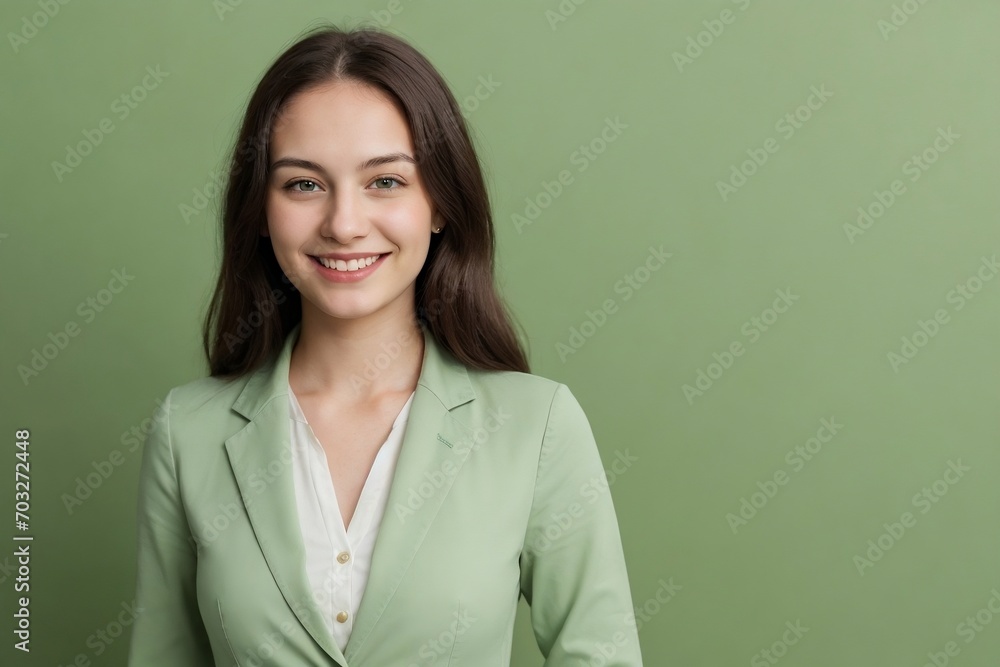 Businesswoman confidently smiling against the green background with copy space. Environment concept. Businesswoman confidently smiling against the green background with copy space. Environment concept.