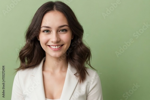 Businesswoman confidently smiling against the green background with copy space. Environment concept.