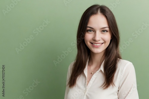 Businesswoman confidently smiling against the green background with copy space. Environment concept.