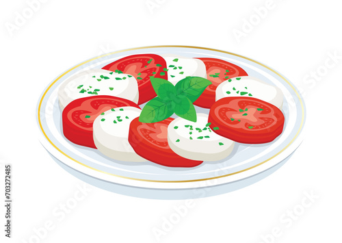 Caprese salad with mozzarella and tomato vector illustration. Caprese salad with mozzarella cheese, tomato and basil leaf icon on a white background. Classic Italian salad on a plate drawing
