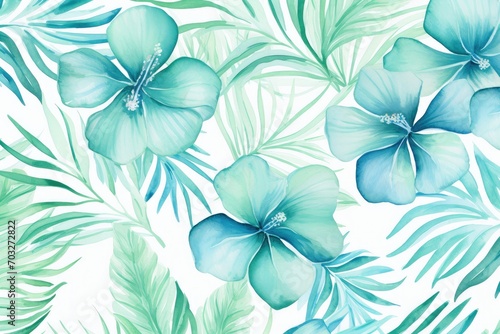 Watercolor Tropical Leaves in Lush Shades of Blue and Green. Generative AI 