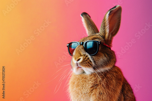 Portrait of cool Easter Bunny rabbit with sunglasses on a bright blue plain studio background with Empty space place for text, copy paste. Spring holiday celebration concept