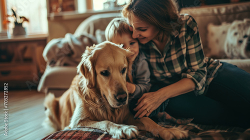 Happy mother and son at home petting their dog