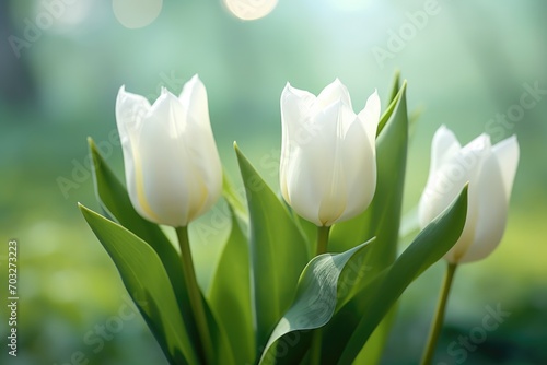 Three white tulips in a vase on a window sill. #703273223