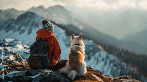 young trekking with Siberian husky dog on the mountain