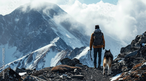 young trekking with Siberian husky dog on the mountain