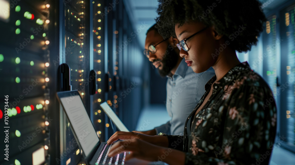 black woman and man using a laptop while working in a server room black woman and man using a laptop while working in a server room