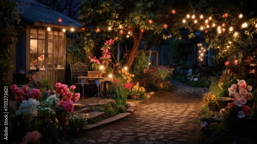 house garden decorated with lights
