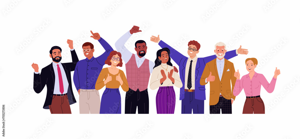 Business team of winners. Vector cartoon illustration in a flat style of a group of happy diverse people in business clothes, close up. Isolated on white Business team of winners. Vector cartoon illustration in a flat style of a group of happy diverse people in business clothes, close up. Isolated on white