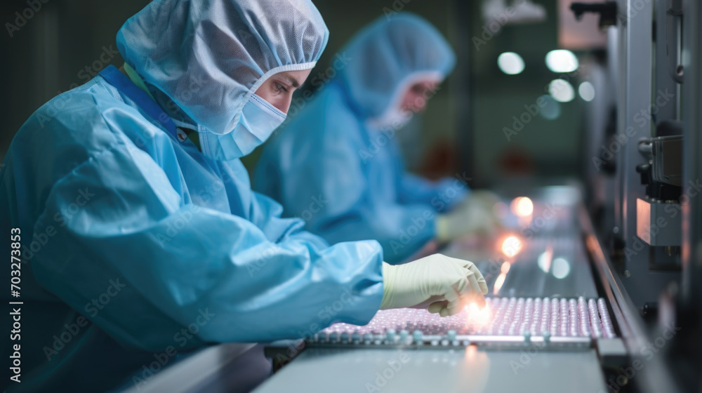 In a controlled clean room environment, scientists, masked and gloved, collaborate on biotechnological solutions with precision. In a controlled clean room environment, scientists, masked and gloved, collaborate on biotechnological solutions with precision.