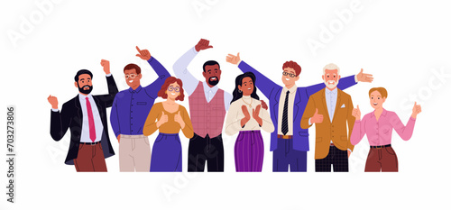 Business team of winners. Vector cartoon illustration in a flat style of a group of happy diverse people in business clothes, close up. Isolated on white