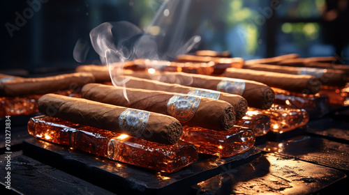 Cuban cigars with leaves on a black stone table. Top view. Free space for your text.