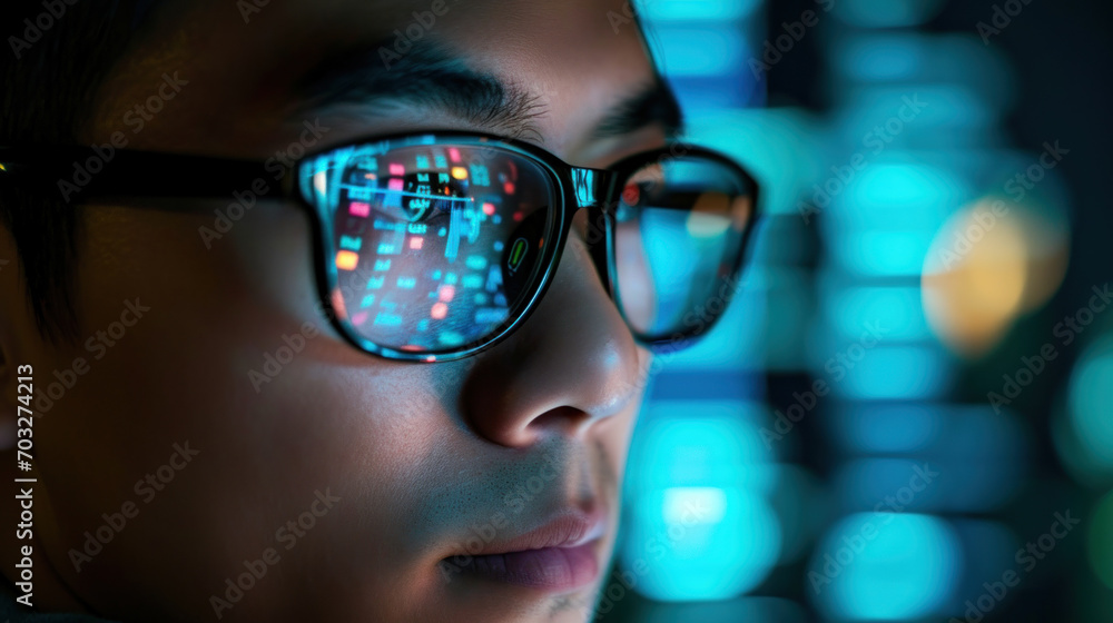 Asian programmer man and reflection in glasses focus and programming for cyber security Asian programmer man and reflection in glasses focus and programming for cyber security