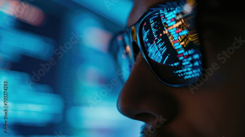 programmer and reflection in glasses focus and programming for cyber security