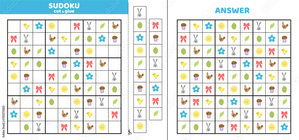 Big spring sudoku with nine spring objects. Game puzzle for kids. Cut and glue. Cartoon Big spring sudoku with nine spring objects. Game puzzle for kids. Cut and glue. Cartoon