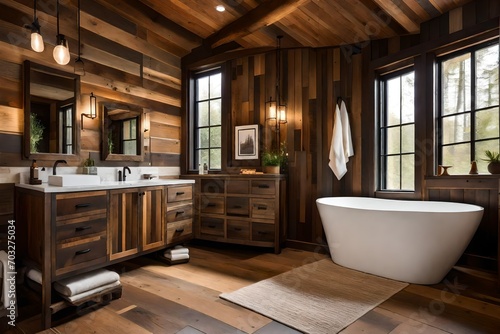 Wooden Tranquility: Modern Bathroom Interior with All-Wood Design - Serene Harmony of Natural Elements and Contemporary Luxury | Aesthetic and Relaxing Bathing Space.