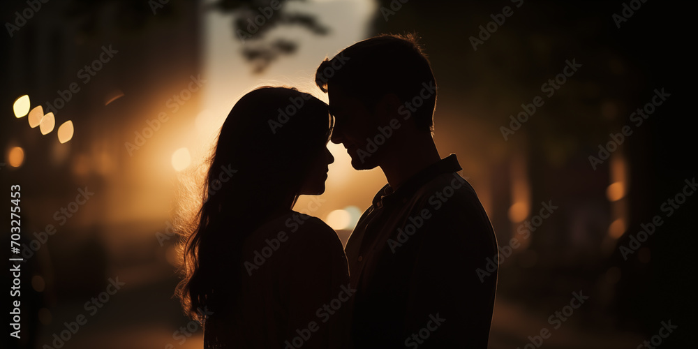 Silhouette of a loving couple against the background of a bokeh