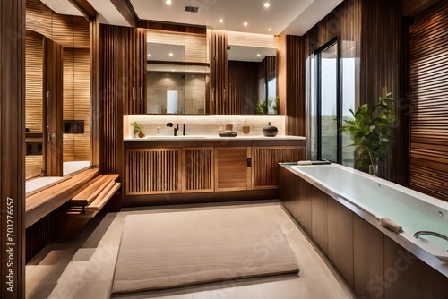 Natural Serenity: Wooden-Themed Bathroom Interior - Organic Elements, Warm Tones, and Timeless Elegance | Aesthetic and Relaxing Bathing Space.