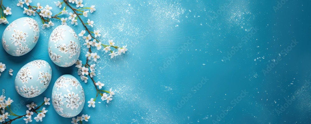Frame with blue easter eggs and white cherry blossoms on bright blue ...