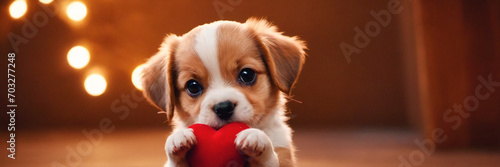 Adorable Puppy Holds Red Heart In Its Paws - Sweet Pet Love. A cute puppy holds a red heart in its tiny paws, showcasing an expression of love and affection.