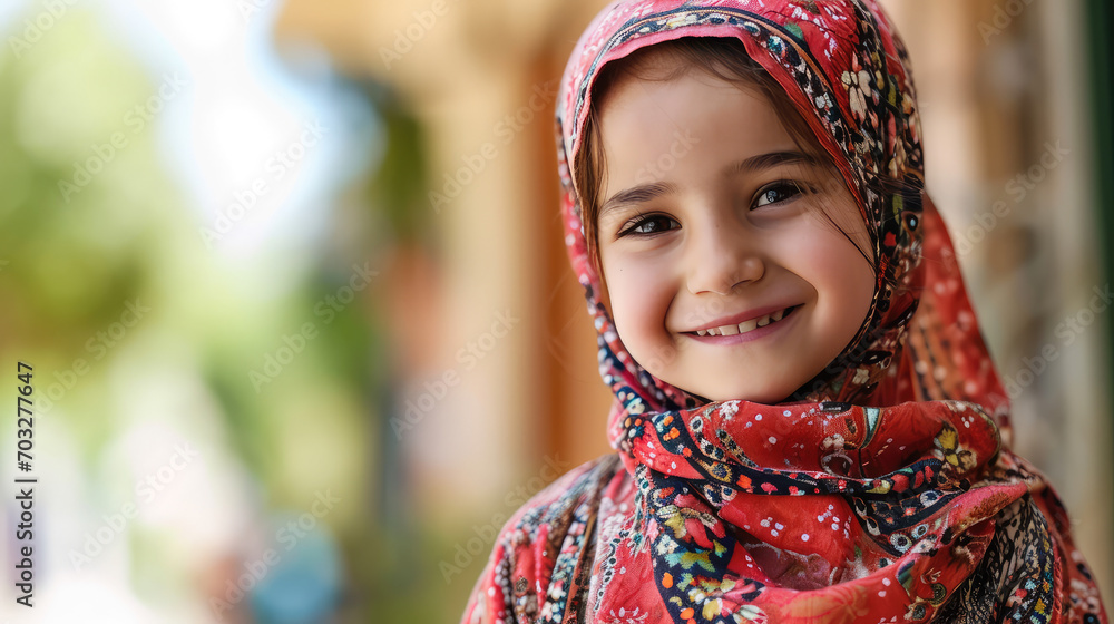 Portrait of a smiling Islamic girl enjoying wearing new holiday headscarf, outdoor. Ramadan, eid, child happy girl in new clothes. Portrait of a smiling Islamic girl enjoying wearing new holiday headscarf, outdoor. Ramadan, eid, child happy girl in new clothes.