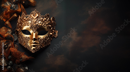 Venetian carnival mask with blue glitter background copy space on Background, Ai generated image.