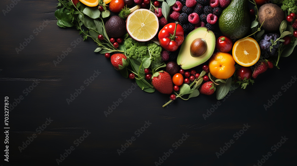heart shape by various vegetables and fruits on black stone background heart shape by various vegetables and fruits on black stone background