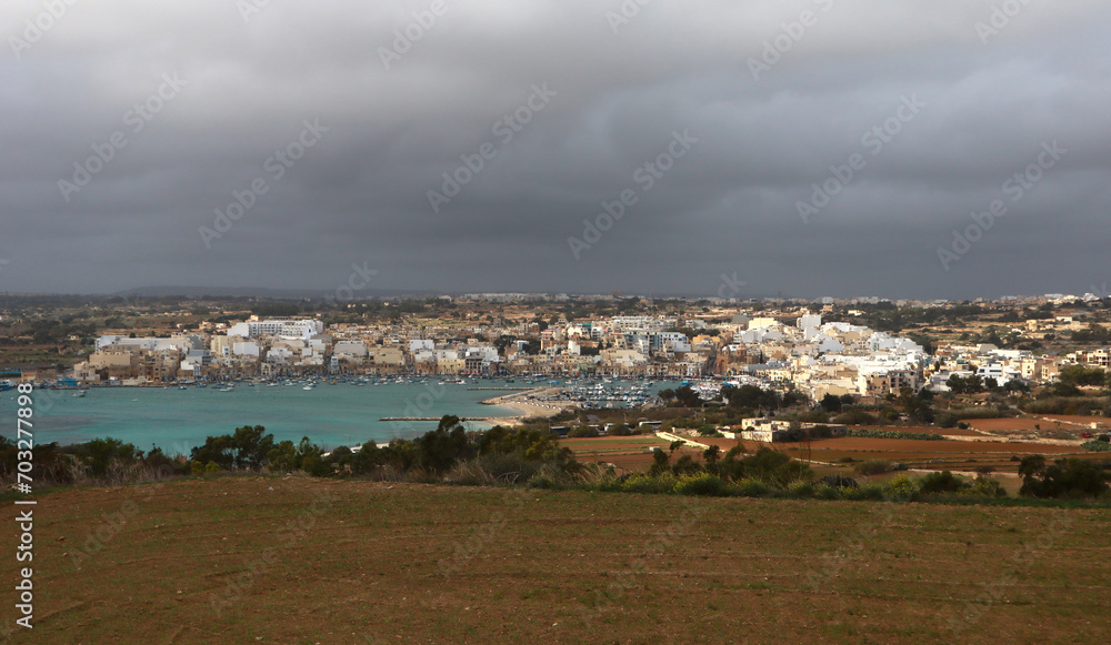 Panorama of traditional fisherman village Marsaxlokk, Malta
