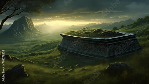 A black coffin perched atop a grassy hill surrounded by looming trees. photo
