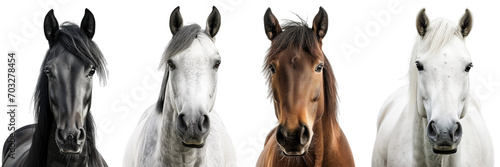 Horse portrait collection in different colours (black, grey, brown, white) isolated on a transparent background, animal bundle