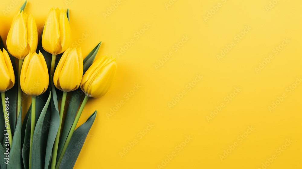 yellow tulips on a color background, top view, spring bouquet yellow tulips on a color background, top view, spring bouquet