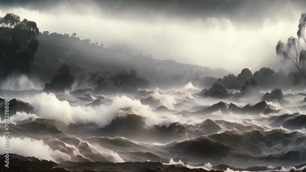 As the rain pours down, swirling eddies form in the surging waters of a swollen river. As the rain pours down, swirling eddies form in the surging waters of a swollen river.