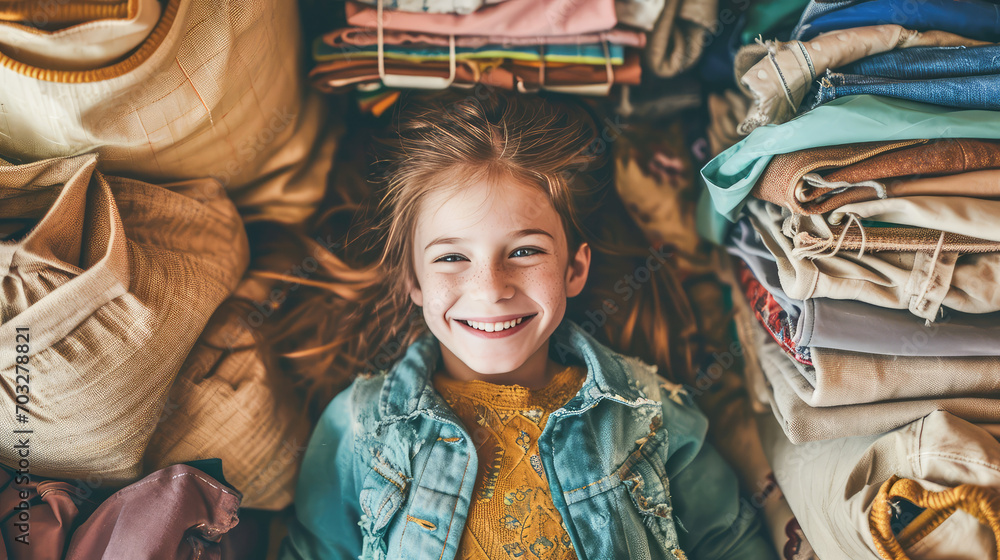 Top view of a young smiling girl in jacket lying surrounded by luggage bags and clothes stacked in stacks. Time to pack, vacation, tourism and travel. - obrazy, fototapety, plakaty 