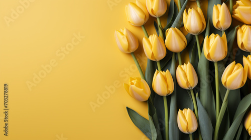 yellow tulips on a color background, top view, spring bouquet #703278819
