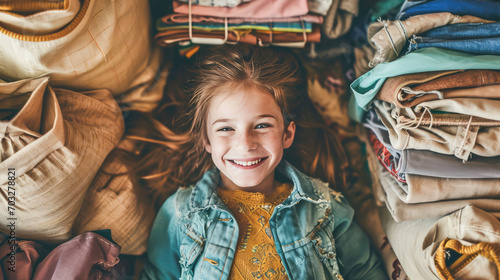 Top view of a young smiling girl in jacket lying surrounded by luggage bags and clothes stacked in stacks. Time to pack, vacation, tourism and travel.