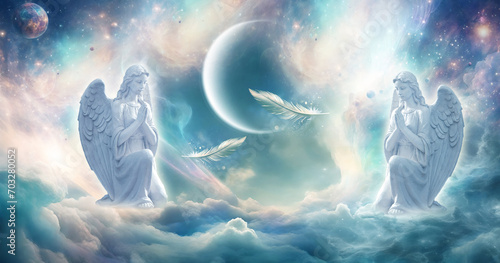 two praying  angels archangels over mystic background with planet and ethereal divine sky and two feathers, illustration with AI elements photo