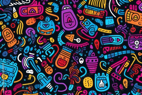 Spark imagination and creativity in your design with a vibrant and eclectic colorful line doodle seamless pattern background, Generative AI 