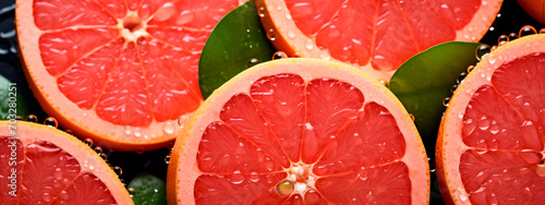 There are a lot of wet grapefruits. Selective focus.