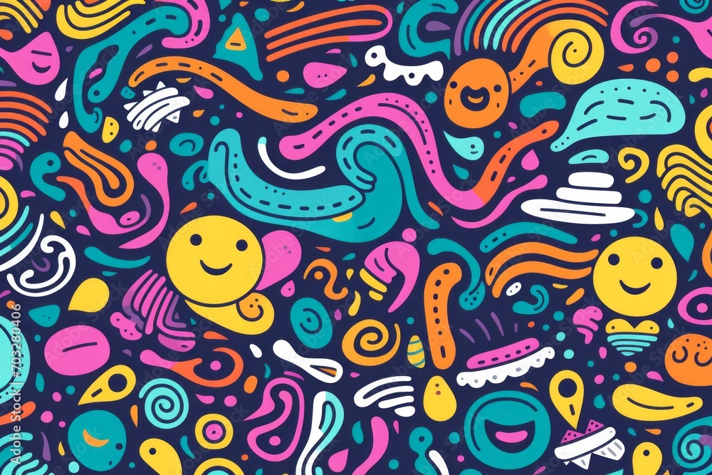 Transform your space into a canvas of imagination with a lively and colorful line doodle seamless pattern background, Generative AI Transform your space into a canvas of imagination with a lively and colorful line doodle seamless pattern background, Generative AI