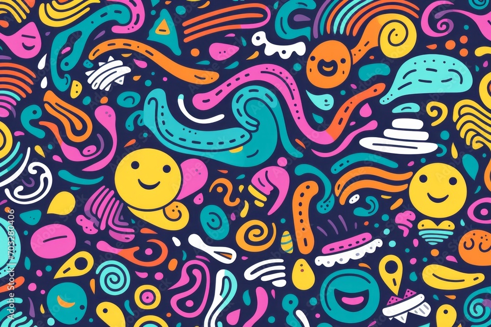 Transform your space into a canvas of imagination with a lively and colorful line doodle seamless pattern background, Generative AI