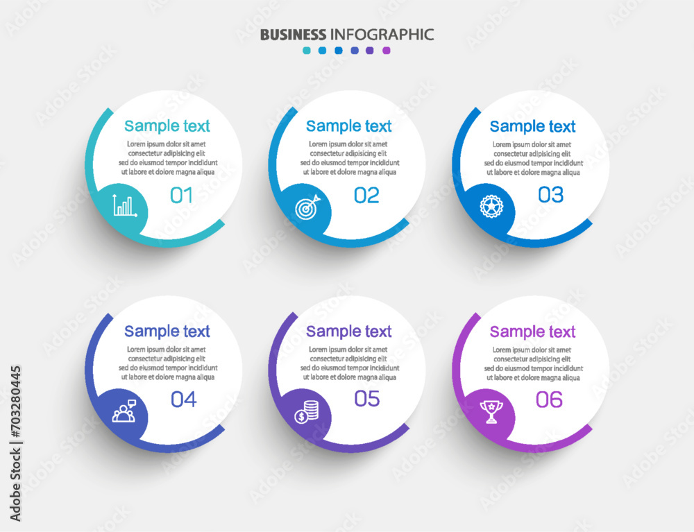 Business infographic vector design template with 6 options, steps or processes. Can be used for workflow layout, diagram, annual report, web design	