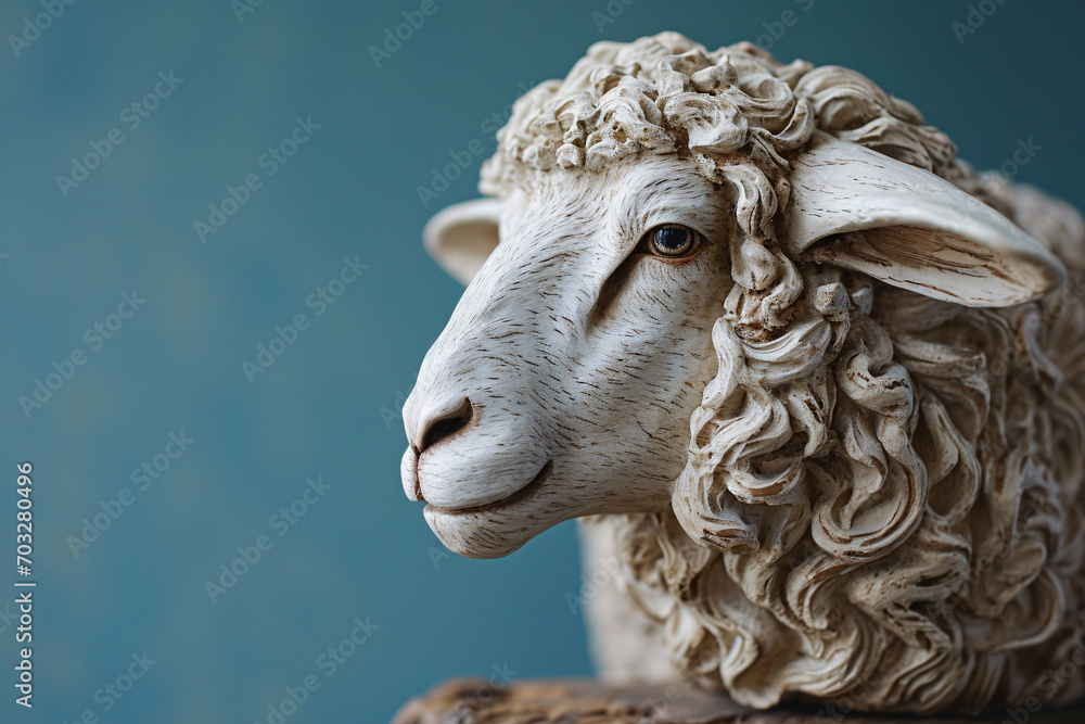 Close-up of a ceramic sheep figurine on a blue background