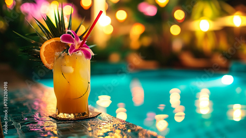 Hawaii mai tai drinks on beach swimming pool bar travel vacation. Pool night party photo