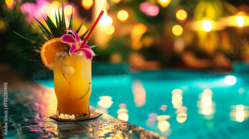 Hawaii mai tai drinks on beach swimming pool bar travel vacation. Pool night party