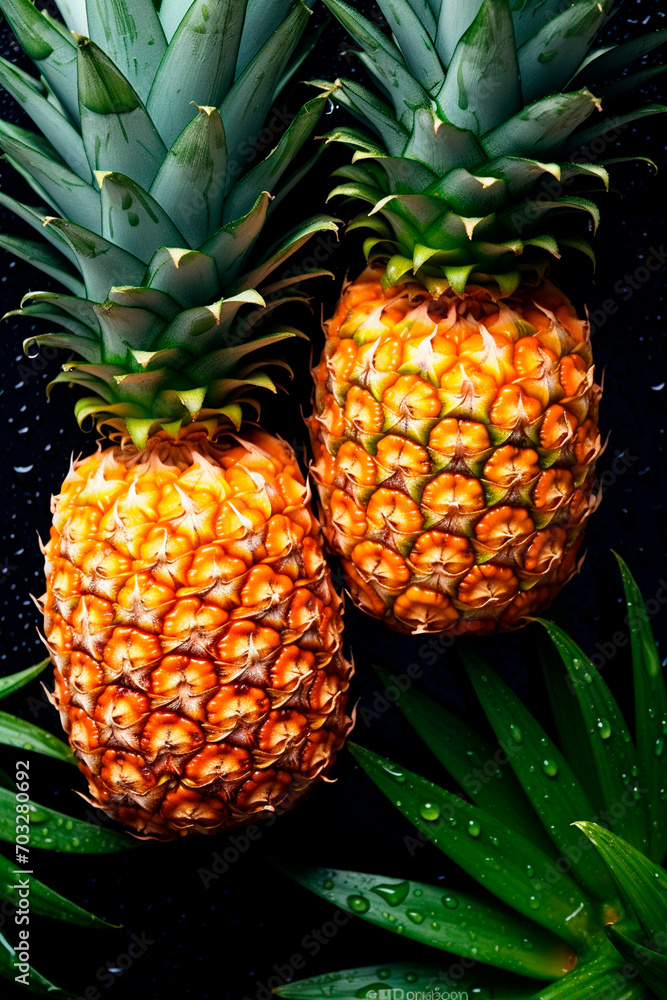 There are a lot of wet pineapple fruits. Selective focus. There are a lot of wet pineapple fruits. Selective focus.