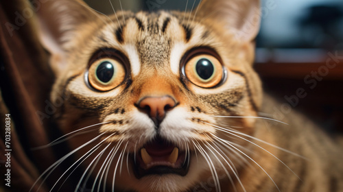 Crazy surprised cat makes big eyes close-up