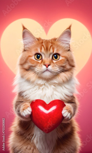 A charming cat holds a vibrant red heart in its small paws, showcasing an endearing image perfect for expressing love and affection.